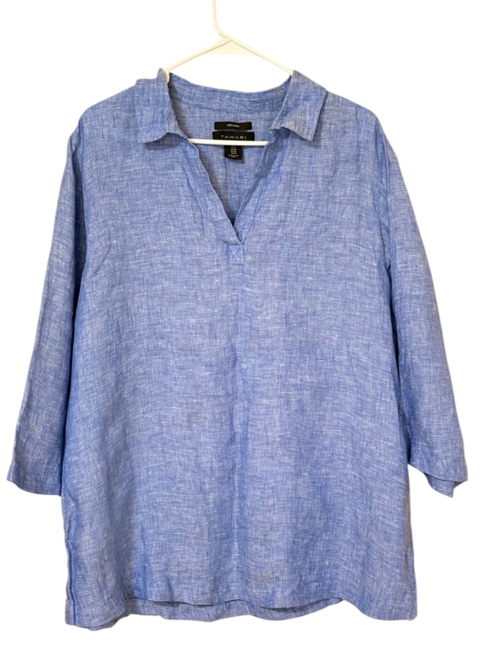 Tahari 100% Linen Light Pink Tunic Top 3/4 Sleeve V-neck Size 1X